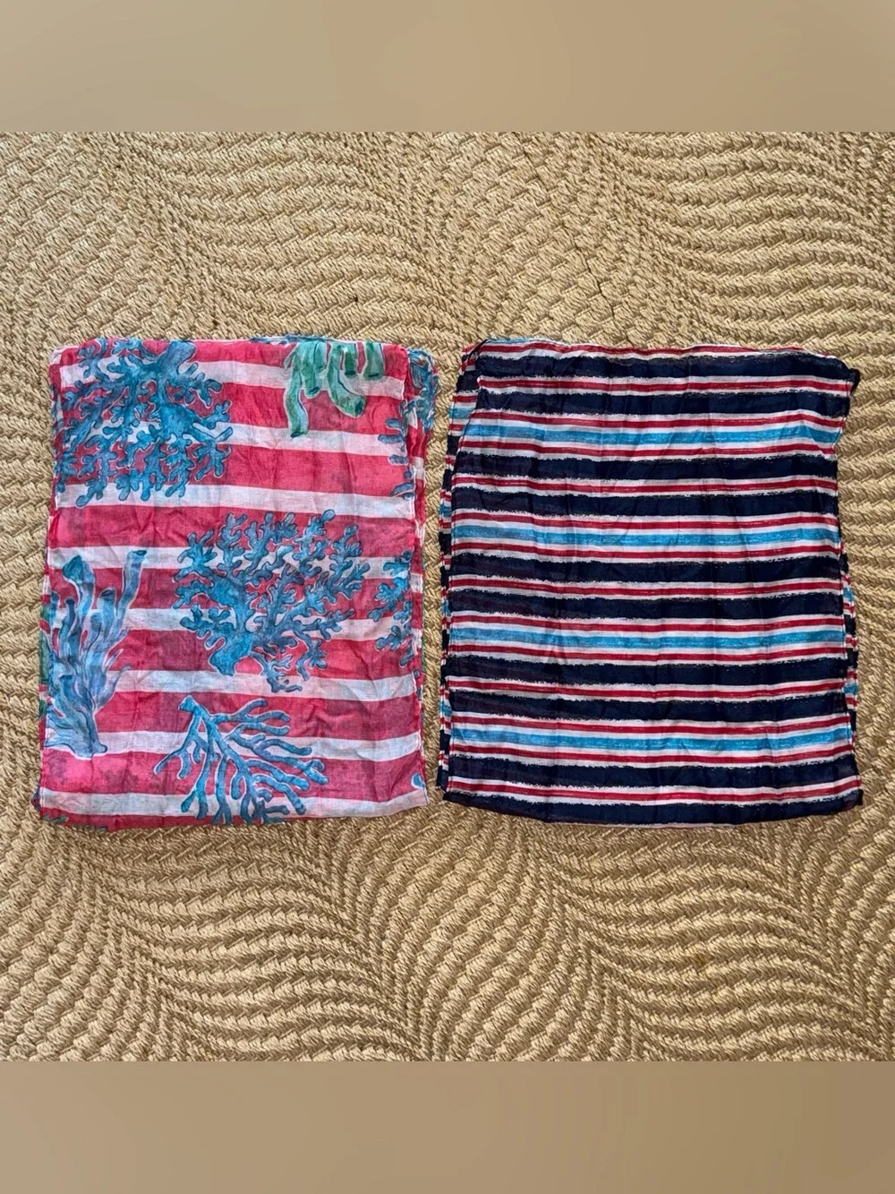 Lightweight Women's Striped & Coral Scarves - Pink Blue Navy Teal Set of 2